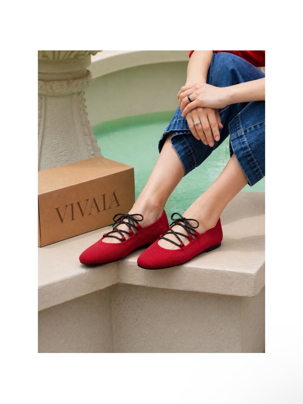 VIVAIA Red Lace-Up Ballet Flats for Women